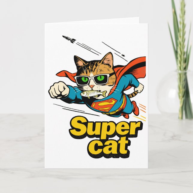 Superkatt flyger med fisk  helgkort (Framsida)