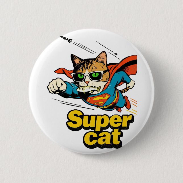 Superkatt flyger med fisk  knapp (Framsida)