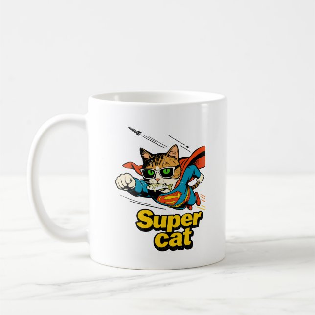 Superkatt som flyger med fisk  kaffemugg (Vänster)