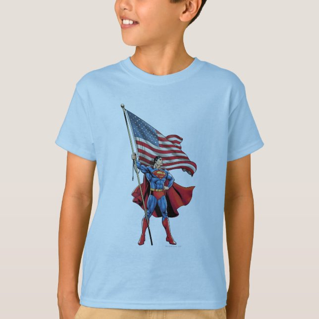 Superman Holding US Flagga Tee Shirt (Framsida)