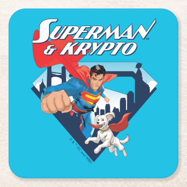 Superman & Krypto Soar Underlägg Papper Kvadrat (Framsidan)