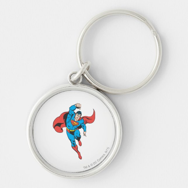 Superman Lämnat Fist Razed Rund Silverfärgad Nyckelring (Framsidan)