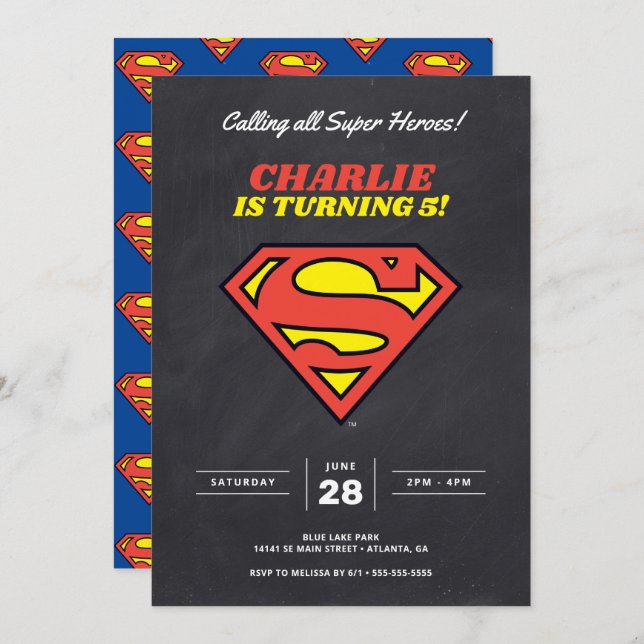 Superman Logotyp | Chalkboard Toppen Hero Birthday Inbjudningar (Fram/baksida)