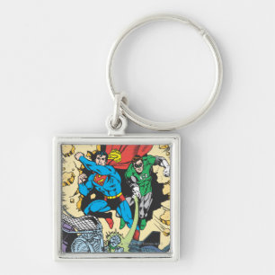 Superman och Grönt Lantern Fight Brainiac Fyrkantig Silverfärgad Nyckelring