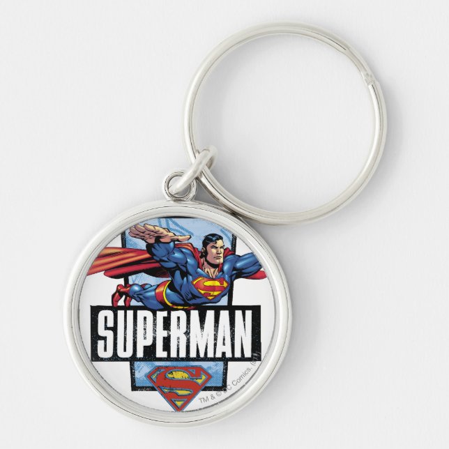 Superman och Logotyp Borderade Rund Silverfärgad Nyckelring (Framsidan)