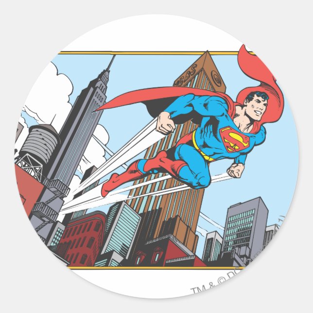 Superman och Skyscraper Runt Klistermärke (Framsida)