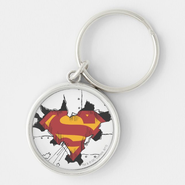 Superman S-Shield | Broken Metall Logotyp Rund Silverfärgad Nyckelring (Framsidan)