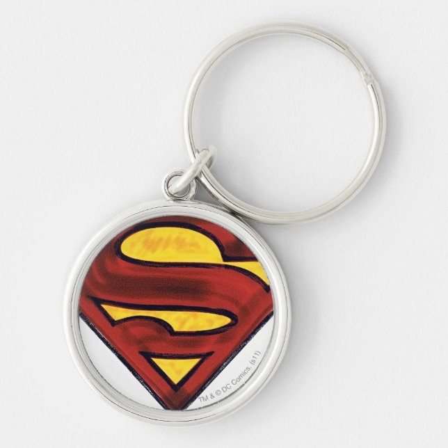 Superman S-Shield | Darkerad röd Logotyp Rund Silverfärgad Nyckelring (Framsidan)