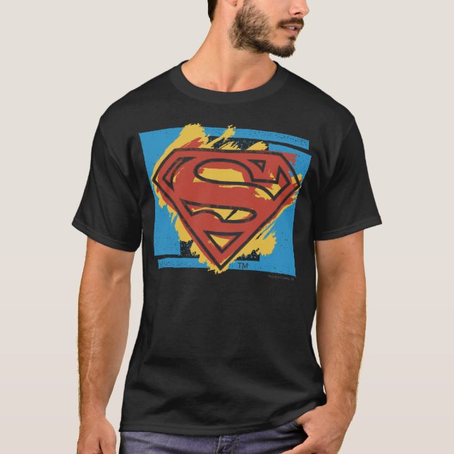 Superman S-Shield | Färgad blå bakgrund Logotyp T-shirt (Framsida)