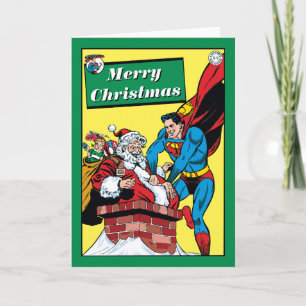 Superman som hjälper Jultomten att Skorsten ner Helgkort