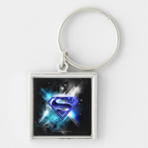 Superman Styliserad Blå vit Kristallfärgad Logo Fyrkantig Silverfärgad Nyckelring