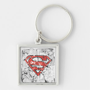 Superman Styliserad Logotyp av sammanlänkad Teck Fyrkantig Silverfärgad Nyckelring