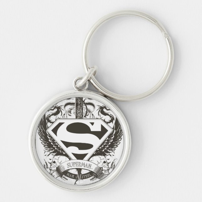 Superman Stylized | Heder, sanning på vit Logotyp Rund Silverfärgad Nyckelring (Framsidan)
