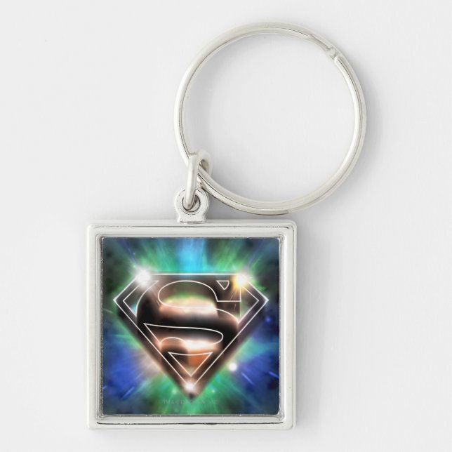 Superman Stylized | Shiny Burst Logotyp Fyrkantig Silverfärgad Nyckelring (Framsidan)