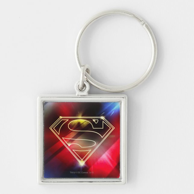 Superman Stylized | Shiny Gult kontur Logotyp Fyrkantig Silverfärgad Nyckelring (Framsidan)