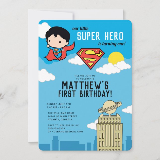 Superman Toppen Hero Första födelsedagsinbjudan Inbjudningar (Framsida)