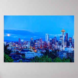 Supermåne stiger nära Seattle-siluett Poster