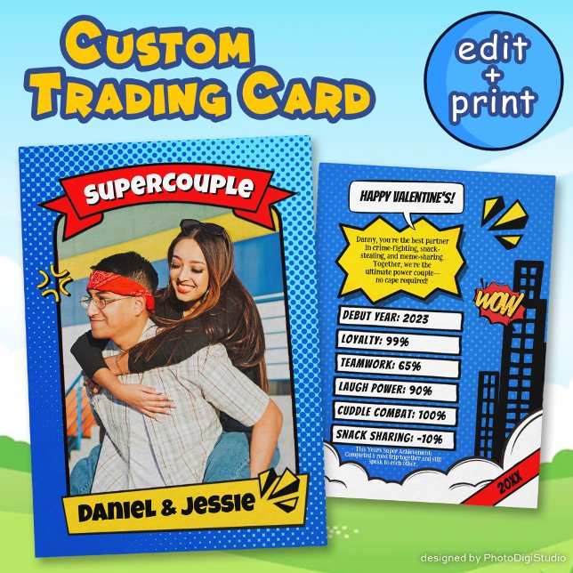 Superpar Superpar Alla hjärtans dag-samlarkort (Supercouple Comic Card, Custom Couple Trading Card, Valentines Gift)