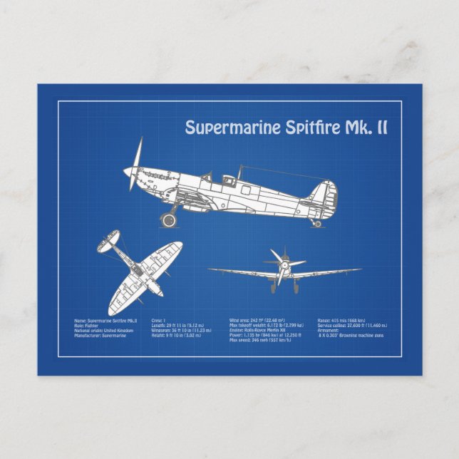 Supersea Spitfire - Flygplan Blueprint ABD Vykort (Framsida)
