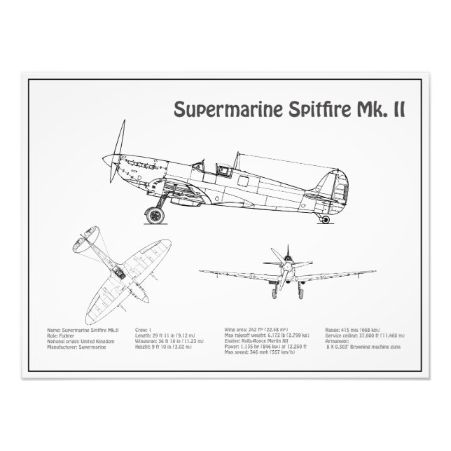 Supersea Spitfire - Flygplan Blueprint BD Fototryck (Framsidan)