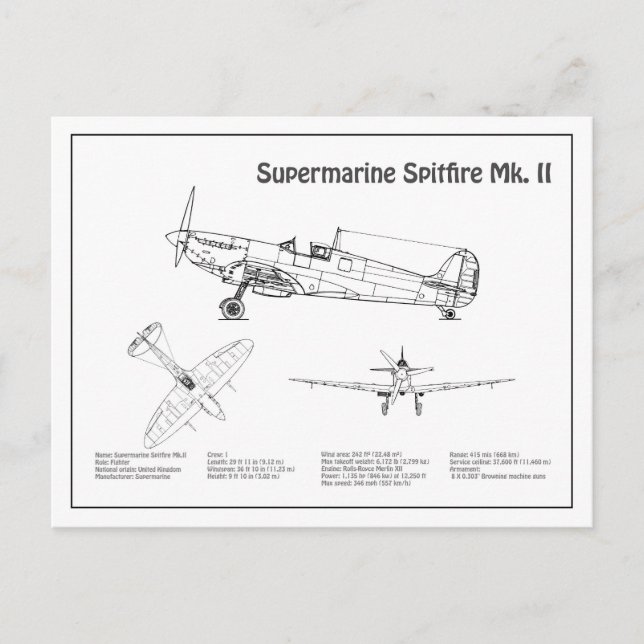 Supersea Spitfire - Flygplan Blueprint BD Vykort (Framsida)