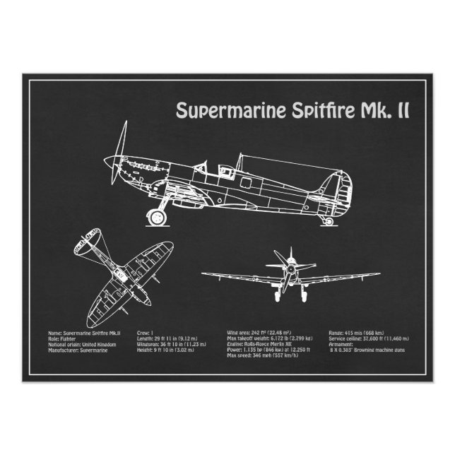 Supersea Spitfire - Flygplan Blueprint PD Fototryck (Framsidan)
