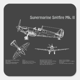 Supersea Spitfire - Flygplan Blueprint PD Fyrkantigt Klistermärke