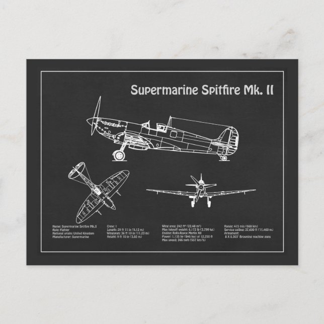 Supersea Spitfire - Flygplan Blueprint PD Vykort (Framsida)