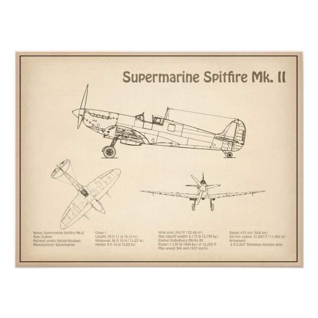 Supersea Spitfire - Flygplan Bluprint SD Fototryck (Framsidan)