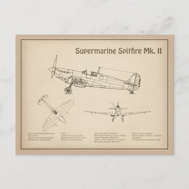 Supersea Spitfire - Flygplan Bluprint SD Vykort (Framsida)