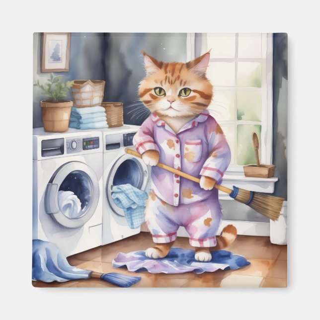 Superskoj Cute Cat i Pajamas Doing Tvätt Magnet (Framsidan)
