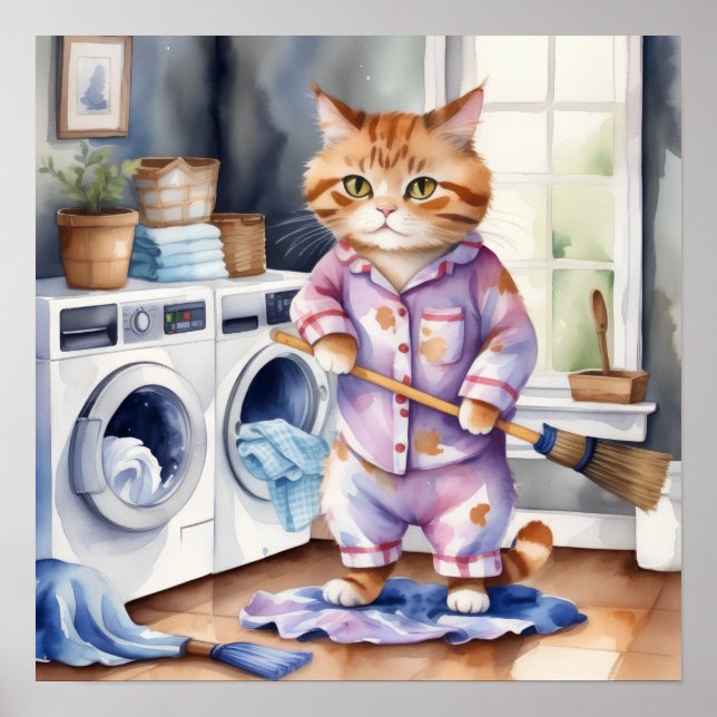 Superskoj Cute Cat i Pajamas Doing Tvätt Poster (Framsidan)
