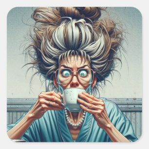 Superskoj Dam med Messy Bun och kaffe Fyrkantigt Klistermärke