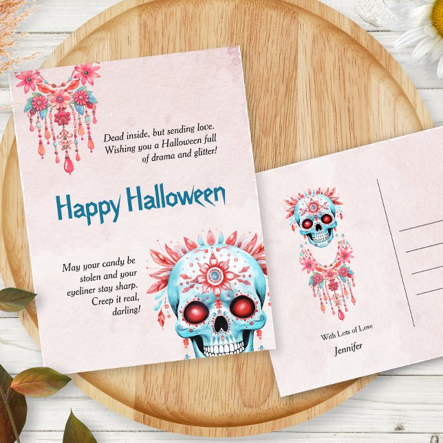 Superskoj Rosa Blue Sugar Skull Funny Halloween Vykort (Skapare uppladdad)