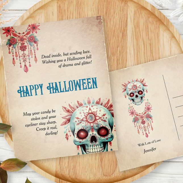 Superskoj Rosa Blue Sugar Skull Funny Halloween Vykort (Skapare uppladdad)