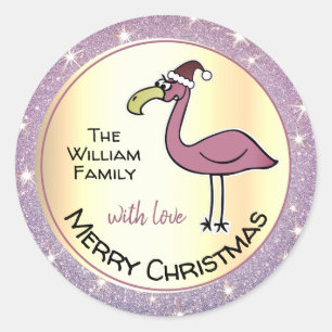 Superskoj X-Mas Flamingo Light Lila Glitter Guld Runt Klistermärke