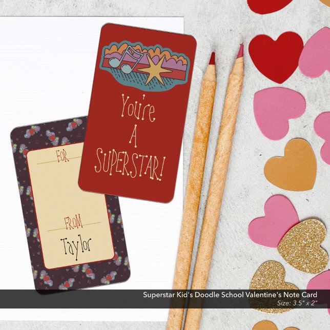 Superstar Barn Doodle School Valentine Anteckningskort (You're a Superstar! Doodle Art Kid's School/Classroom Valentine's Day Card)