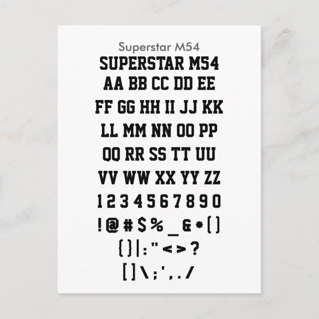 Superstar M54 - Zazzle Font Sampler Lakan Vykort (Framsida)