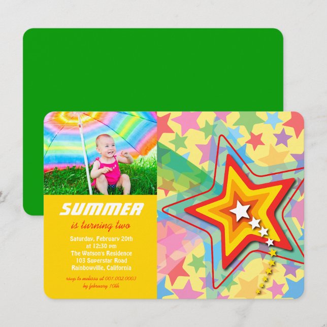 Superstar Rainbow Colorful Födelsedagsfest Inbjuda Inbjudningar (Fram/baksida)