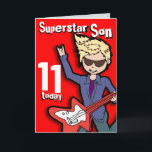Superstar Son 11-årsdag, rött blondinskt visitkort Kort<br><div class="desc">Kortet säger "Superstar Son 11 idag. Inuti: Grattis på födelsedagen. Eller anpassa med din egen ord. Roligt-kort designat av Sarah Trett.</div>