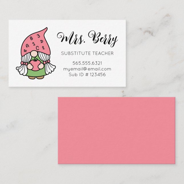 Suppleant Lärare Cute Gnome Visitkort (Fram/baksida)