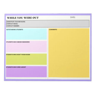 Suppleant Lärare medan du var utanför klassformulä Anteckningsblock