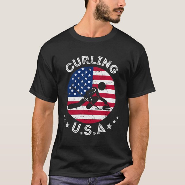 Support för USA:s Retro Curling Team för blandade  T Shirt (Framsida)