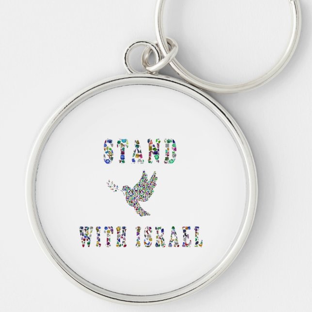 Support Israel - Gemstone Lettering Design Rund Silverfärgad Nyckelring (Framsidan)