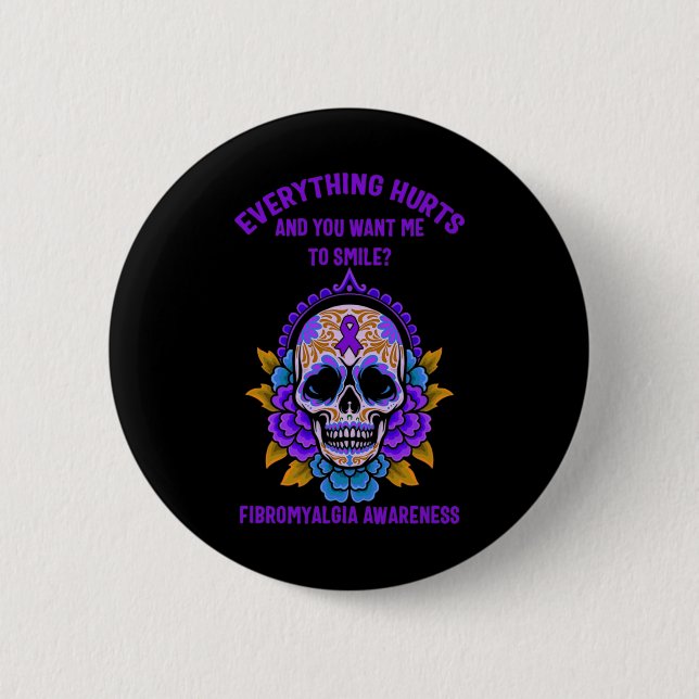 Support Lila Ribbon Fibromyalgia Awareness Skull Knapp (Framsida)