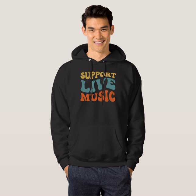Support Live Music - Retro Typography Band Merch Hoodie (Hel framsida)