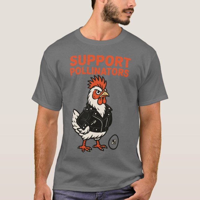 Support Polinators Cool Rooster in Leather Jacket T Shirt (Framsida)