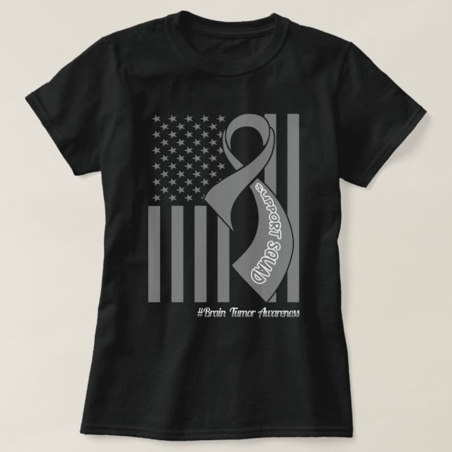 Support Squad Brain Tumor US Flagga Grått Ribbon T Shirt (Design framsida)