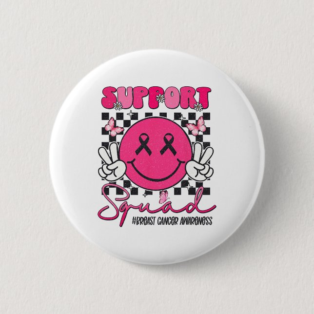 Support Squad Breast Cancer Awareness Smile Ansikt Knapp (Framsida)
