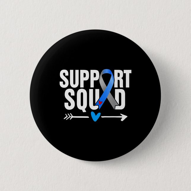 Support Squad Grått Blue Ribbon Diabetes Awareness Knapp (Framsida)